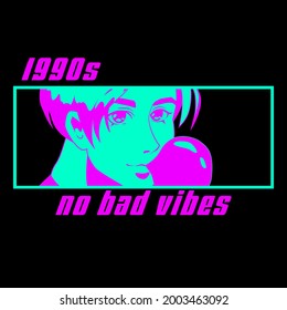 Print for t-shirt with cartoon male personage in anime style and slogan "No bad vibes".