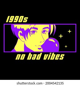 Print for t-shirt with cartoon male personage in anime style and slogan "No bad vibes".
