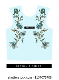 Print for t-shirt with ethnic Japanese ornament elements. Folk flowers and leaves for print or embroidery.