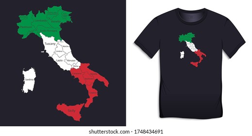 Print for t-shirt graphic design with Italy map in the colors of the Italian flag vector