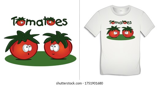 Print for t-shirt graphic design with Tomatoes cartoon characters, on white isolated background vector