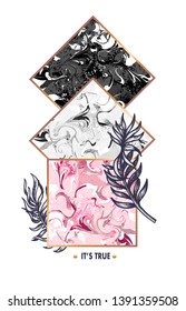 Print for t-shirt with graphic tropical trees and 
marble square. 