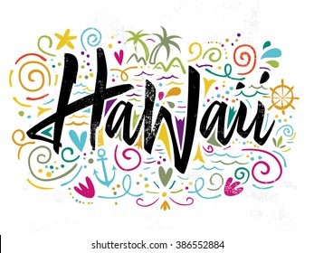 Print for T-shirt. Hawaii. Hand lettering. Vector illustration.