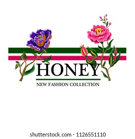 Print for t-shirt with Indian ethnic flowers and slogan.  