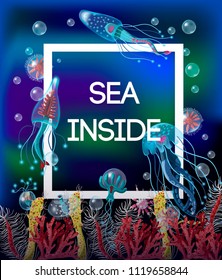 Print for t-shirt with Jellyfish, corals, seaweed and other inhabitants of the ocean. Vector.