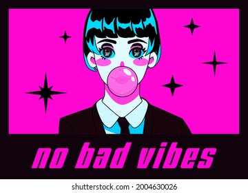 Print for t-shirt with kawaii anime girl with big sparkling eyes and slogan "no bad vibes". Vector illustration in pop art manga style.