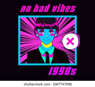 Print for t-shirt with kawaii anime personage with big sparkling eyes and slogan "no bad vibes". Vector illustration in pop art manga style.