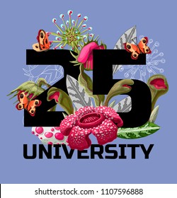 print for t-shirt with plant predators flowers such as Venus flycatcher, sundew and typographical slogan.