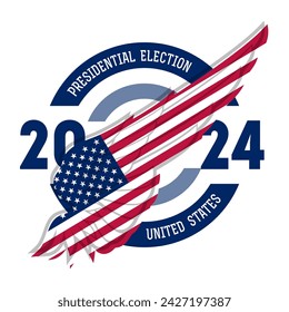 Impresión de camiseta para la campaña de las elecciones políticas. Ala estilizada en colores y símbolos de la bandera de Estados Unidos. Elecciones presidenciales 2024 en Estados Unidos. Afiche electoral.