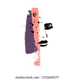 Print for t-shirt or poster. Vector illustration. abstracton Hand drawing a female face, brush strokes and paint splashes. Bright summer print. Vector 10 EPS