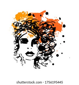Imprimir para camiseta o afiche. Ilustración vectorial. mano de abstracton dibujando una cara femenina, pinceladas y salpicaduras de pintura. Brillante impresión de verano. Vector 10 EPS