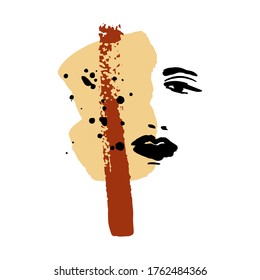 Druck für T-Shirt oder Poster. Vektorgrafik. Abstrakton Handzeichnung eines weiblichen Gesichts, Pinselstriche und Farbspritzer. Heller Sommerdruck. Vektor 10 EPS