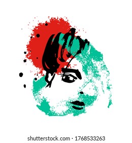 Print for t-shirt or poster. Vector illustration. abstracton Hand drawing a female face, brush strokes and paint splashes. Bright summer print. Vector 10 EPS