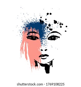 Imprimir para camiseta o afiche. Ilustración vectorial. mano de abstracton dibujando una cara femenina, pinceladas y salpicaduras de pintura. Brillante impresión de verano. Vector 10 EPS