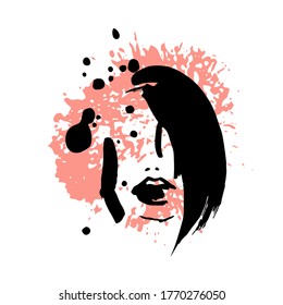 Imprimir para camiseta o afiche. Ilustración vectorial. abstracción Dibujo manual de una cara femenina, pinceladas y salpicaduras de pintura. Brillante impresión de verano. Vector 10 EPS