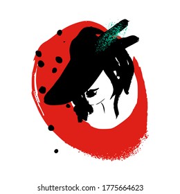 Print for t-shirt or poster. Vector illustration. abstracton Hand drawing a female face, brush strokes and paint splashes. Bright summer print. Vector 10 EPS