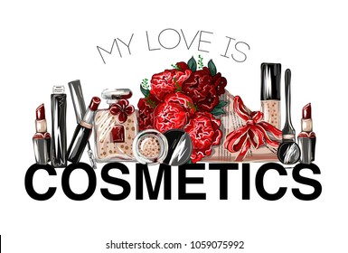 Print for t-shirt or posters with roses, shoes, perfume, lipstick and other. Vector trendy fashion illustration.