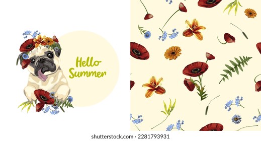 Print for t-shirt pug and flowers and pattern for fabric with flowers. T-shirt print pug with spring flowers and the inscription hello spring. Seamless pattern with flowers.