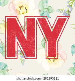 Print for T-shirt. Seamless pattern. Watercolor background. Flowers. NY