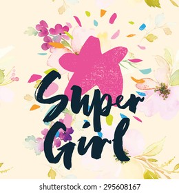 Print for T-shirt. Seamless pattern. Watercolor background. Flowers. Super girl.