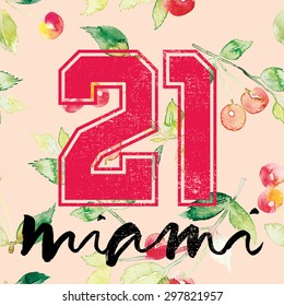 Print for T-shirt. Seamless pattern. Watercolor background. Cherry background