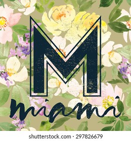 Print for T-shirt. Seamless pattern.Watercolor background. Flowers. Hand lettering. 