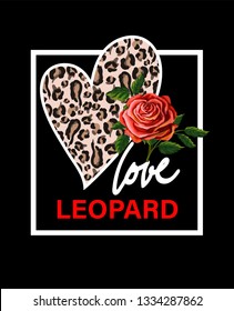 Print for t-shirt with slogan, leopard pattern and roses. 