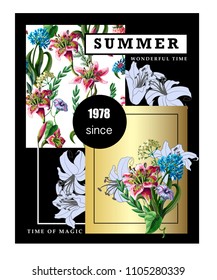 Print for t-shirt with slogan and lilies wild flowers. 