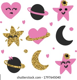 Print for t-shirt with star, heart, planet and moon. Print for textile and fabric, for girl, clothes, card and other design.