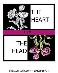 Print for t-shirt or sweatshirt with tulips flowers drawing in different style graphic and realistic. Trendy fashion vector illustration.