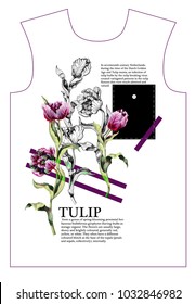 Print for t-shirt or sweatshirt with tulips flowers drawing in different style graphic and realistic. Trendy fashion vector illustration.