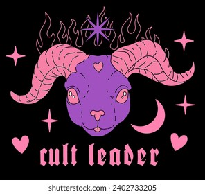 Print for a t-shirt with a tattoo gothic style illustration of a goat head in pink and violet colors on a black background.