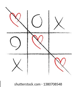 Print for t-shirt with tic tac toe game with hearts. Print for textile, fabric, web, poster, card, massage and other design.