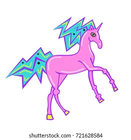 Print for t-shirt with unicorn. Fantasy magical pink unicorn,kids graphics for t-shirts. Unicorn print for sticker, patch badge. Design for children. Running unicorn patch with mane and horn isolated