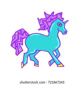 Print for t-shirt with unicorn. Fantasy magical unicorn, kids graphics for t-shirts. Unicorn print for sticker, patch badge. Design for children. Running unicorn patch with mane and horn isolated