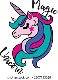 Print for t-shirt with unicorn. Vector print for poster, textile, fabric, clothes and other design.