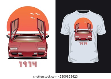 Print for t-shirt vintage car vector illustration. Lamborghini Countach.