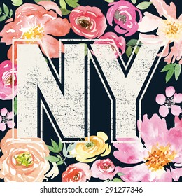 Print for T-shirt. Watercolor background. Flowers. New York