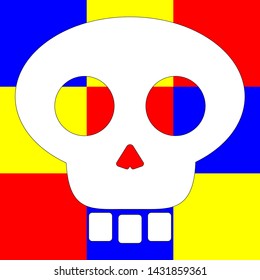 Print for t-shirts or bags. Skull in abstract style on a checkered background.