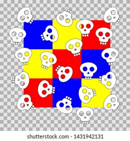 Print for t-shirts or bags. Skulls in abstract style on a checkered background. Imitation of transparent substrate, which can be replaced with any color