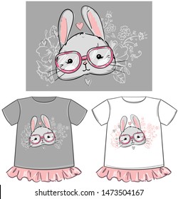 Print for t-shirts for girls children. Hand Drawn Cute Bunny. Vector illustration