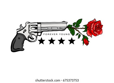 Print for T-shirts with gun and rose. Vector illustration.