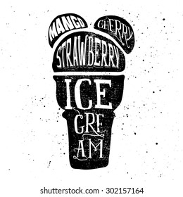 Print for t-shirts ice cream. Poster for a cafe. Hand lettering.