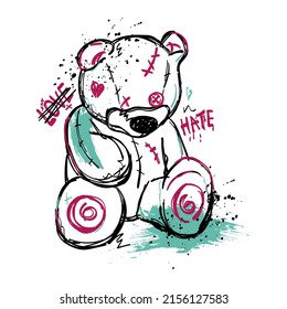 Print for T  shirts and the image sad bear in sketch style and the words 