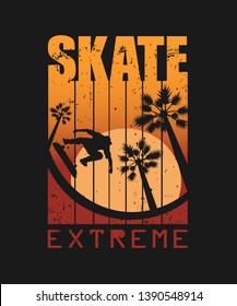Print for T-shirts and not only. With text SKATE extreme. Grunge texture.One Black Background or Transparant. Vector illustration