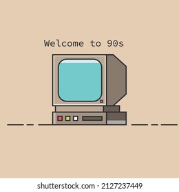 Print for T-shirts in the style of the 90s. Old computer in flat graphic style  - Shutterstock ID 2127237449
