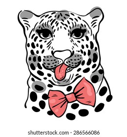 print for t-shirts, vector illustration of the face of a leopard with its tongue hanging out in a bow-tie