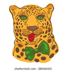 print for t-shirts, vector illustration of the face of a leopard with its tongue hanging out in a bow-tie