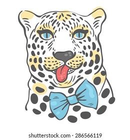 print for t-shirts, vector illustration of the face of a leopard with its tongue hanging out in a bow-tie