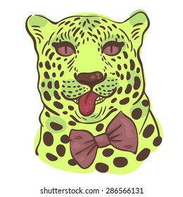 print for t-shirts, vector illustration of the face of a leopard with its tongue hanging out in a bow-tie
